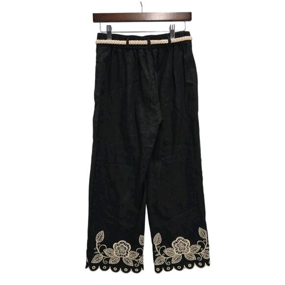 Rachel Zoe Womens Embroidered Linen Blend Pants Black XS Drawcord Belt Scallops - Picture 2 of 7